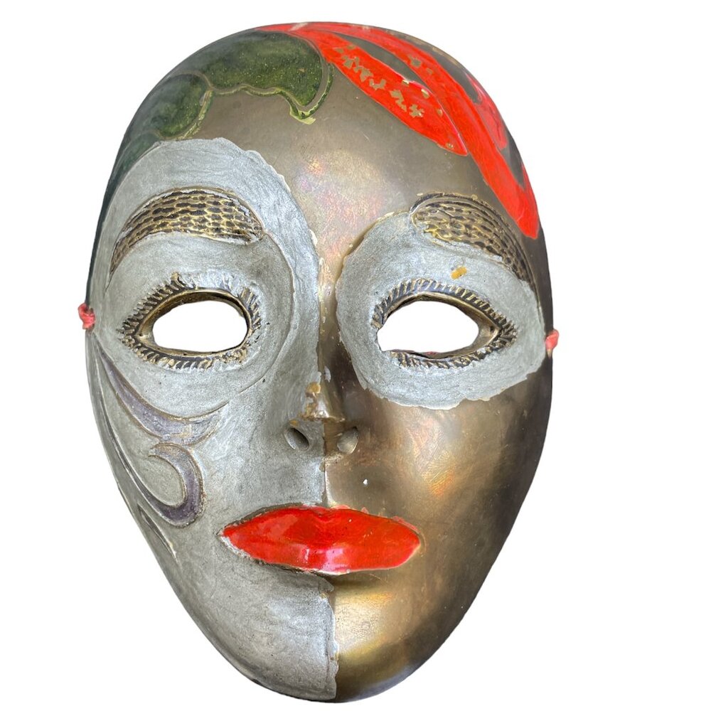 Vtg Brass Masquerade Mask Carnivale Made in India Hand Painted